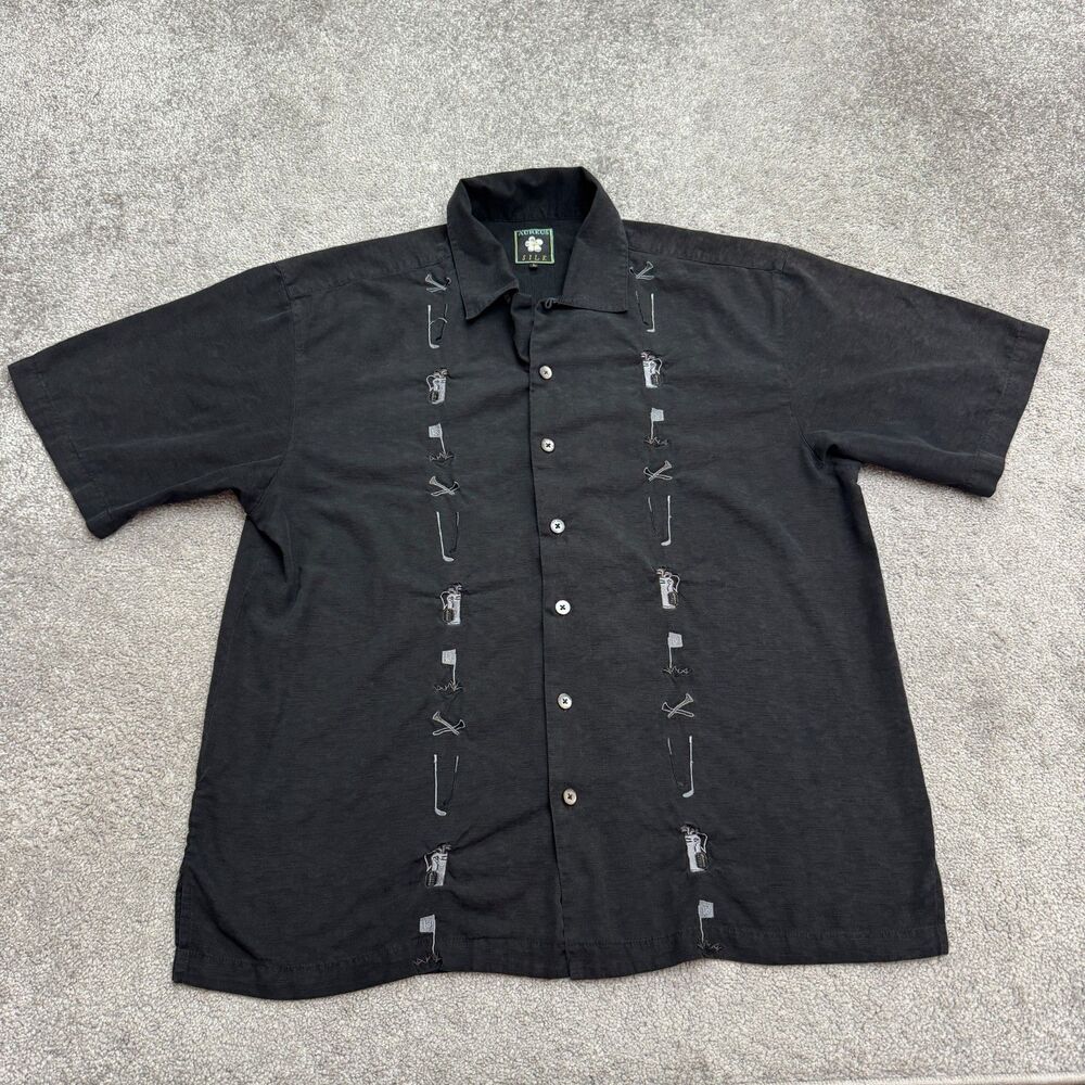 Aureus Silk Blend Embroidered Golf Shirt Large Black Short Sleeve Button Down